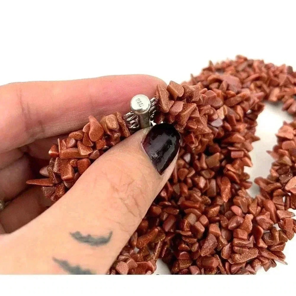 VTG Set Brown Goldstone Speckle Chips Cluster Necklace with Bracelet 925 WJ 18" - Picture 9 of 12